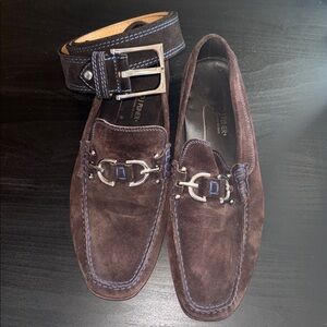 Donald J. Pliner Brown Suede Loafers with Silver Bit and Matching Belt